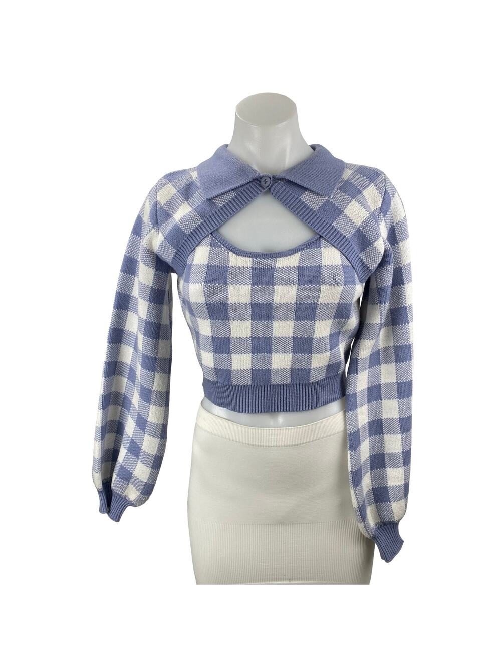 Lola May Women's Blue Gingham Check Long Sleeve Knit Cropped Sweater Top Size 8